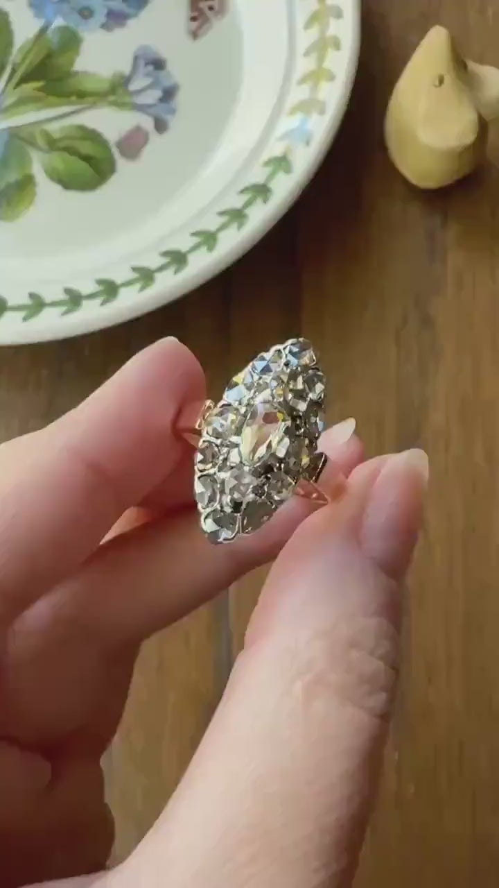 XL Antique Unique Elongated Rose Cut Diamond Navette Cluster Open Back French Victorian Era 18k Rose Gold & Platinum 1 inch Chunky Sparkle