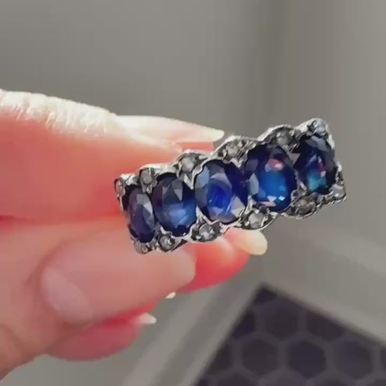 Antique Natural Sapphire Velvety Blue Five Stone Ring with Rose Cut Diamond Spacers Royal Blue Aura Art Deco Uniform Size Stacker Band