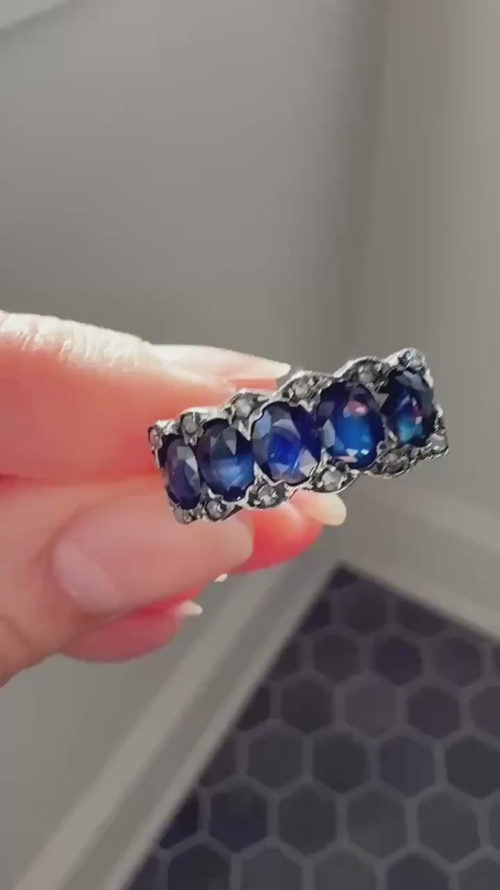 Antique Natural Sapphire Velvety Blue Five Stone Ring with Rose Cut Diamond Spacers Royal Blue Aura Art Deco Uniform Size Stacker Band