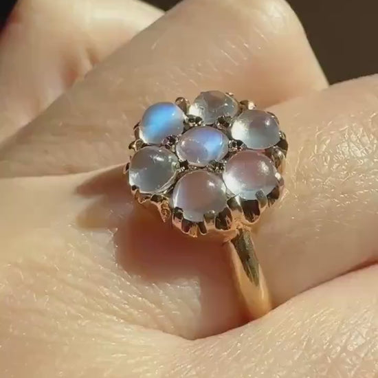 MOONSTONE Daisy Cluster Halo Ring Vintage to Art Deco Antique 14k Gold Seven Stone Blue Flash Chunky Glowing Orbs Unique Romantic Gift Glow