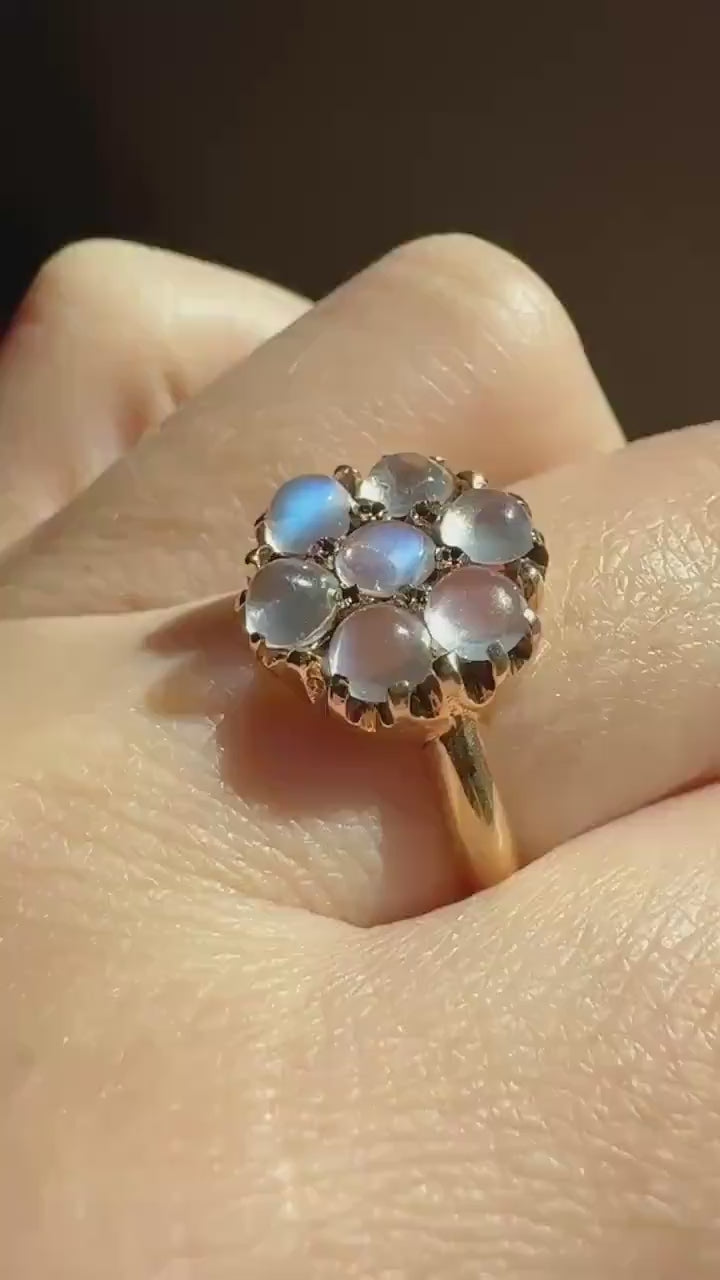 MOONSTONE Daisy Cluster Halo Ring Vintage to Art Deco Antique 14k Gold Seven Stone Blue Flash Chunky Glowing Orbs Unique Romantic Gift Glow