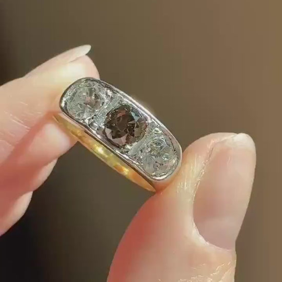 Chunky 1.65 Carat Antique Three Stone Old Mine Cut Diamond Chocolate Cognac Wide Band 18k Gold French Ring Belle Epoque Stacker Unisex Gift