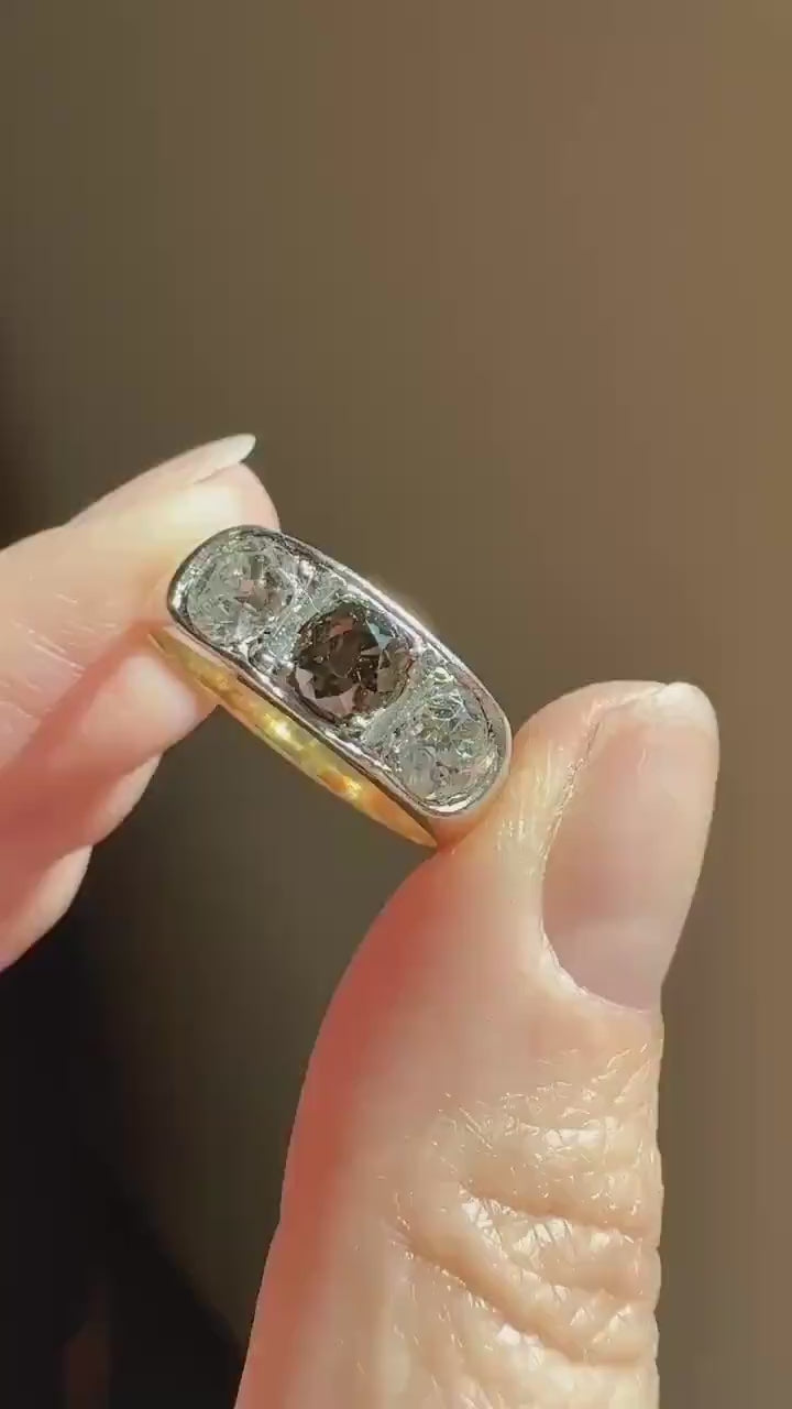 Chunky 1.65 Carat Antique Three Stone Old Mine Cut Diamond Chocolate Cognac Wide Band 18k Gold French Ring Belle Epoque Stacker Unisex Gift