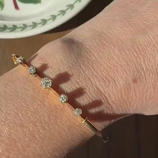 ANTIQUE Old European Mine Cut DIAMOND BANGLE Bracelet 15k Gold Solid Hinged Five Stone Prong Set Linear