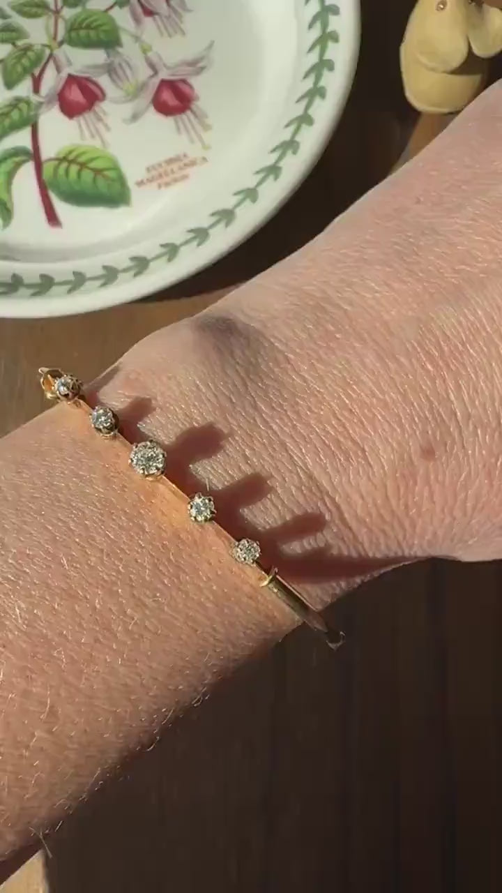 ANTIQUE Old European Mine Cut DIAMOND BANGLE Bracelet 15k Gold Solid Hinged Five Stone Prong Set Linear