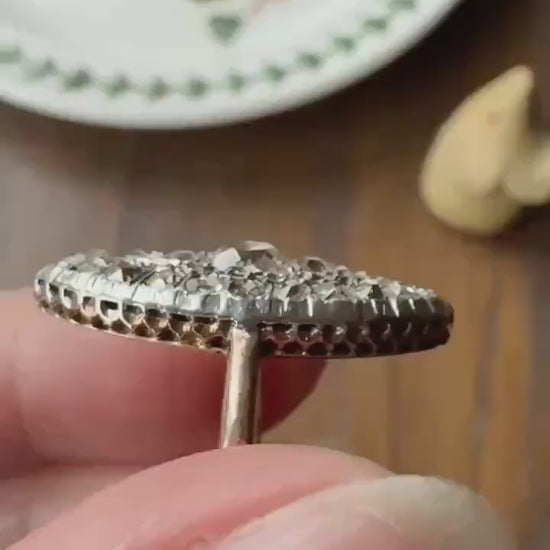 Antique 1.5 Carat Mixed Rose Old Mine Cut DIAMOND Navette Ring Champagne Light Brown Green Yellow Chunky Cluster 18k Gold Silver Cobblestone