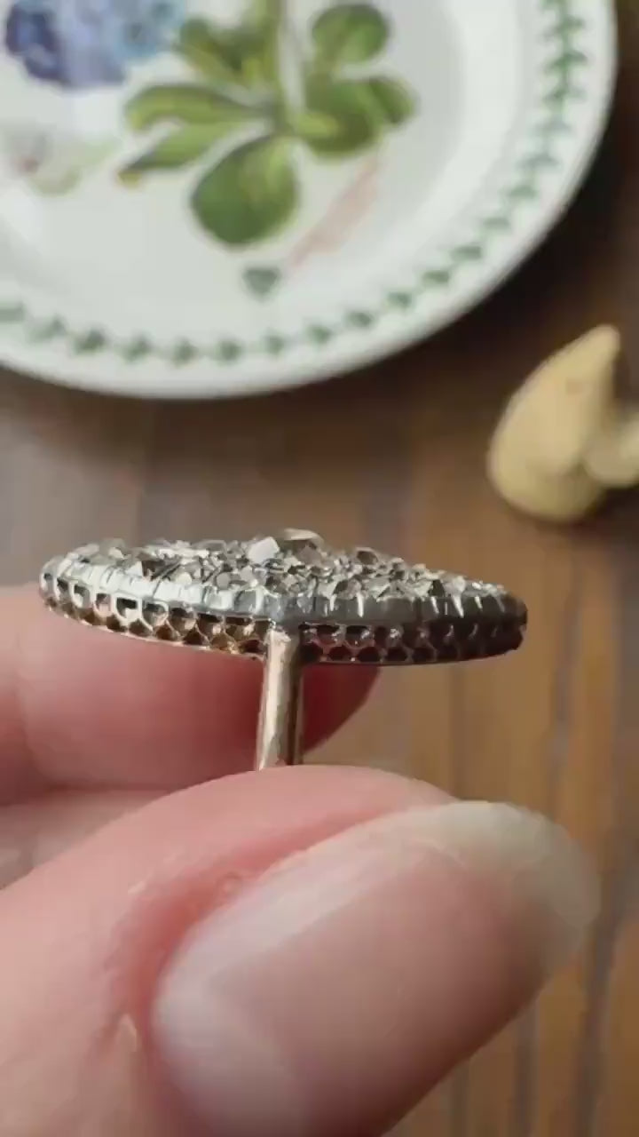 Antique 1.5 Carat Mixed Rose Old Mine Cut DIAMOND Navette Ring Champagne Light Brown Green Yellow Chunky Cluster 18k Gold Silver Cobblestone