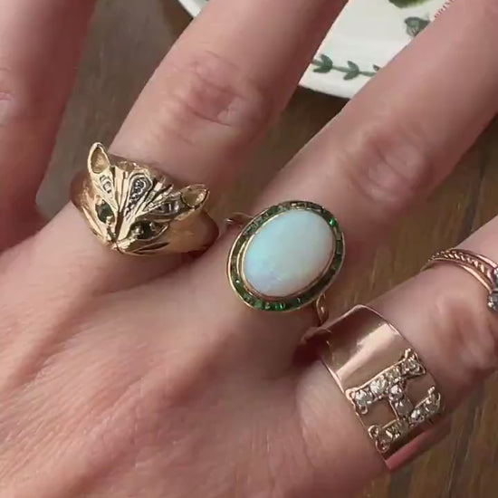 CAT Fun Figural Kitty Ring Green Emerald Eyes Diamond 9k Gold Stacker Animal Jewelry Band Kitten Vintage Whimsical Gift Not 10k