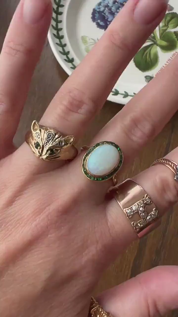 CAT Fun Figural Kitty Ring Green Emerald Eyes Diamond 9k Gold Stacker Animal Jewelry Band Kitten Vintage Whimsical Gift Not 10k