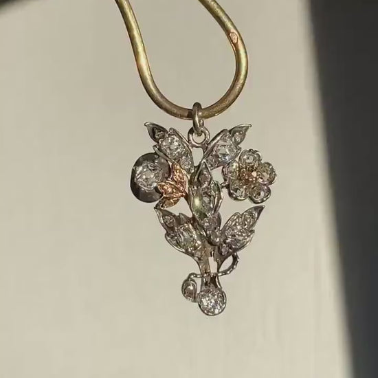 FLOWERS BOUQUET Victorian ANTIQUE 1 Carat Old Mine Peruzzi Cut Floral Figural Pendant 18k Gold Silver Chunky Giardinetti Forget Me Not OmC