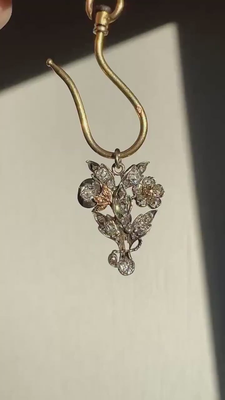 FLOWERS BOUQUET Victorian ANTIQUE 1 Carat Old Mine Peruzzi Cut Floral Figural Pendant 18k Gold Silver Chunky Giardinetti Forget Me Not OmC