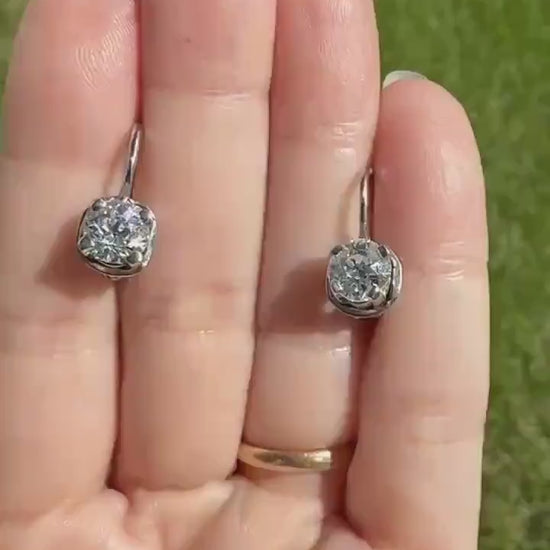 FRENCH Vintage Boxed Two Carats Tdw Antique Old Mine Cut DIAMOND Fixed Dangle Earrings 18k White Gold 2Ctw
