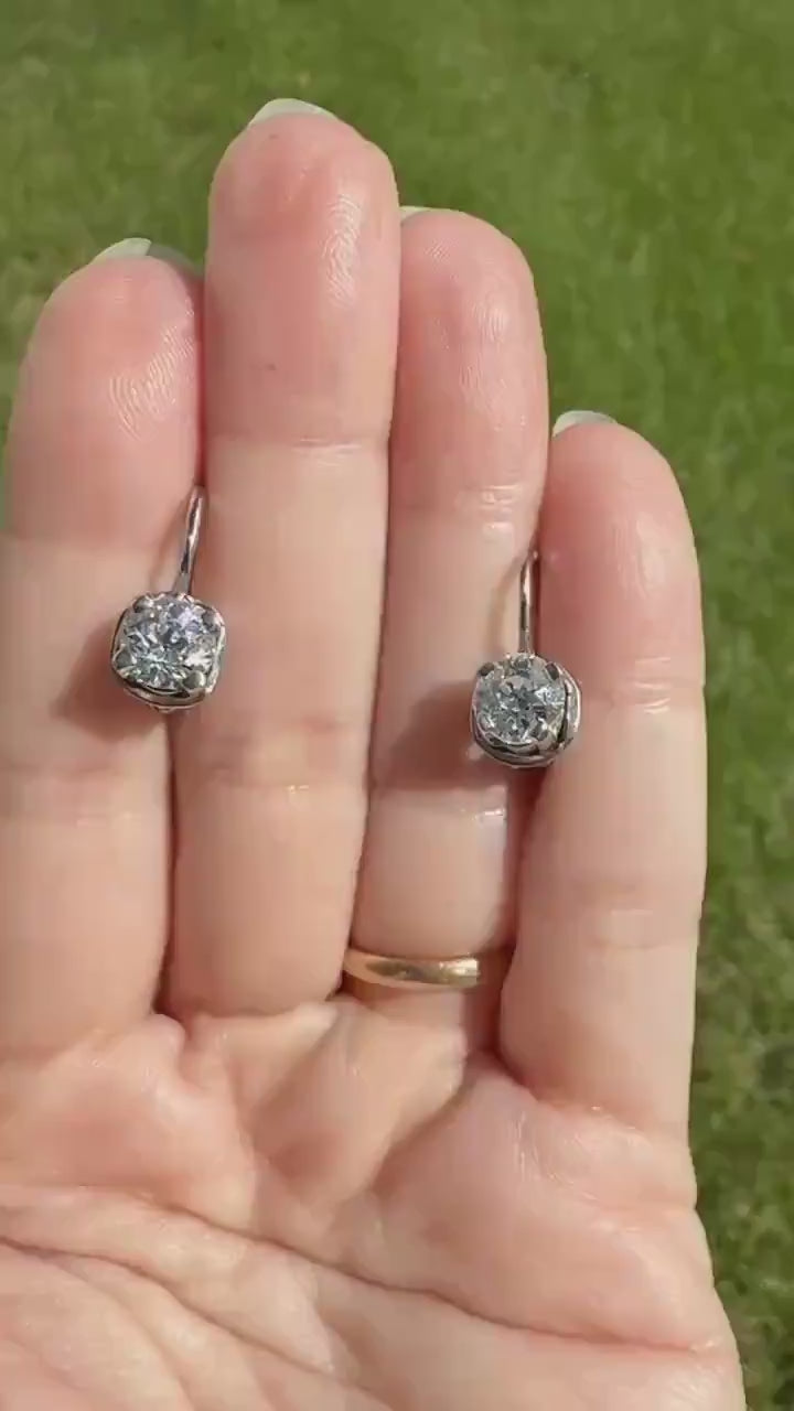 FRENCH Vintage Boxed Two Carats Tdw Antique Old Mine Cut DIAMOND Fixed Dangle Earrings 18k White Gold 2Ctw