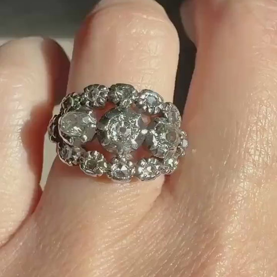 GEORGIAN Era Antique 1.5 Carat Spanish Iberian Triple Row Old Mine Rose Cut Diamond Ring Engraved Band 18k Gold Silver Collet Stacker Gift