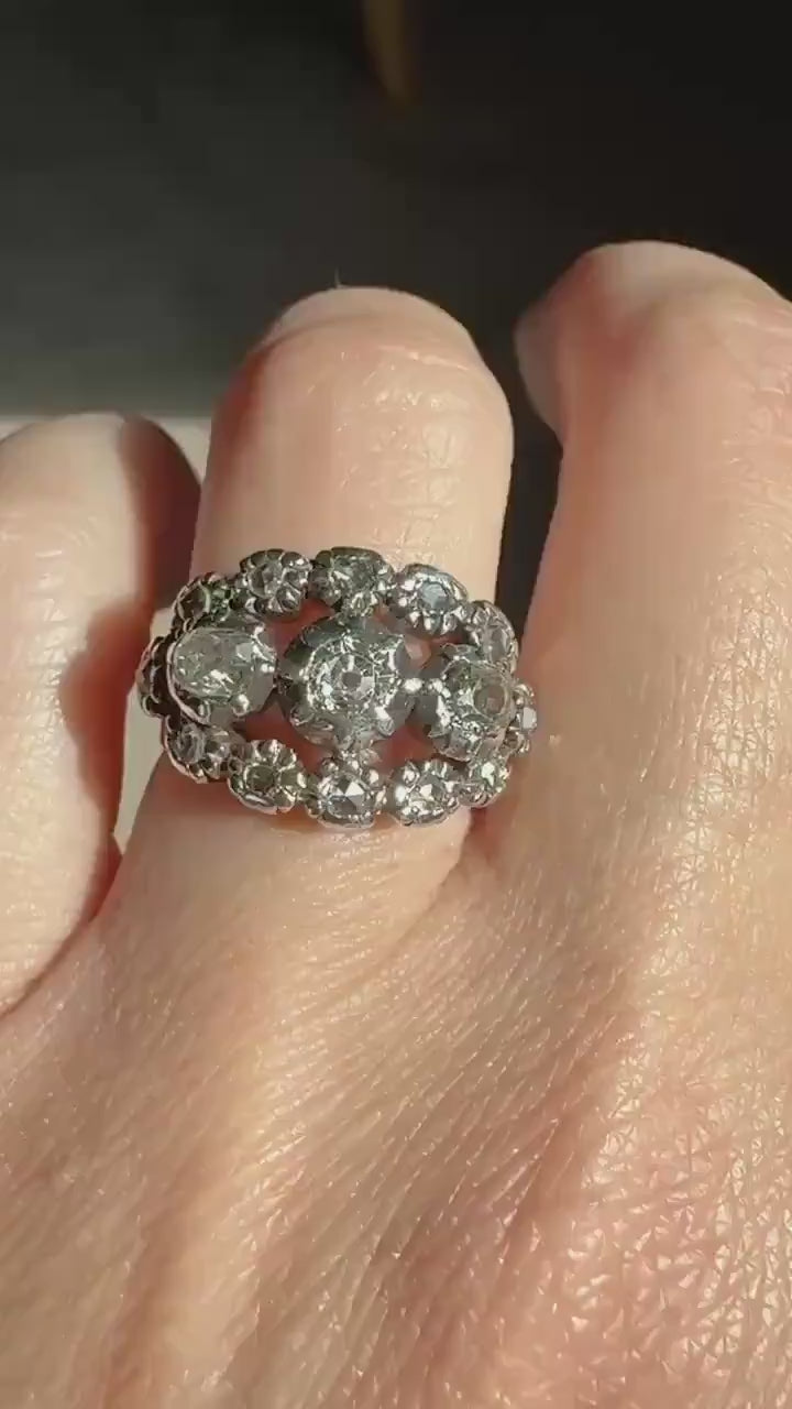 GEORGIAN Era Antique 1.5 Carat Spanish Iberian Triple Row Old Mine Rose Cut Diamond Ring Engraved Band 18k Gold Silver Collet Stacker Gift