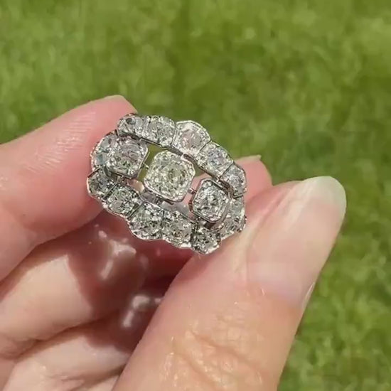 Ornate Art Deco 1.5 Carat Rose & Old Mine Cut Diamond Cluster Ring 18k White Gold Platinum East West Wide Three Stone Halo Cocktail Stacker