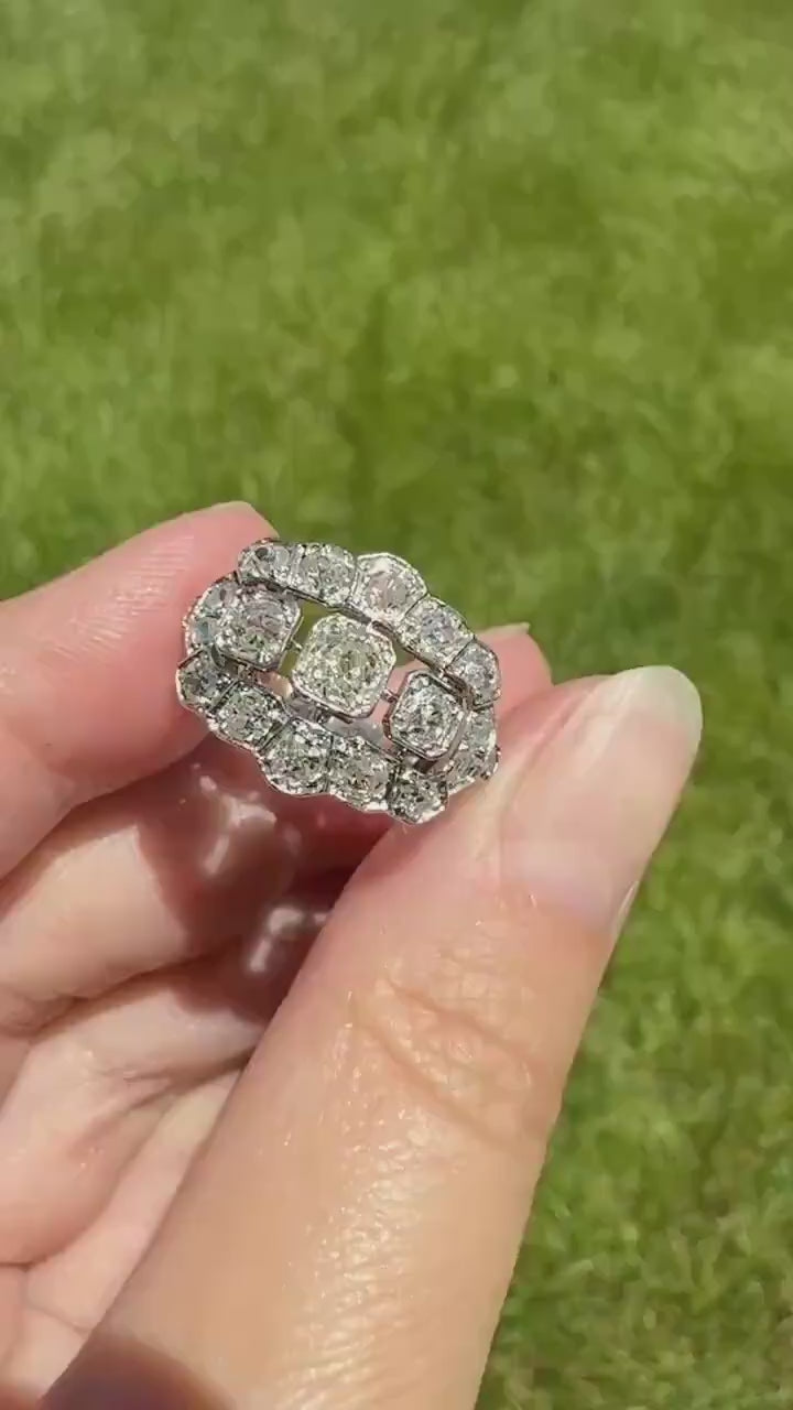 Ornate Art Deco 1.5 Carat Rose & Old Mine Cut Diamond Cluster Ring 18k White Gold Platinum East West Wide Three Stone Halo Cocktail Stacker
