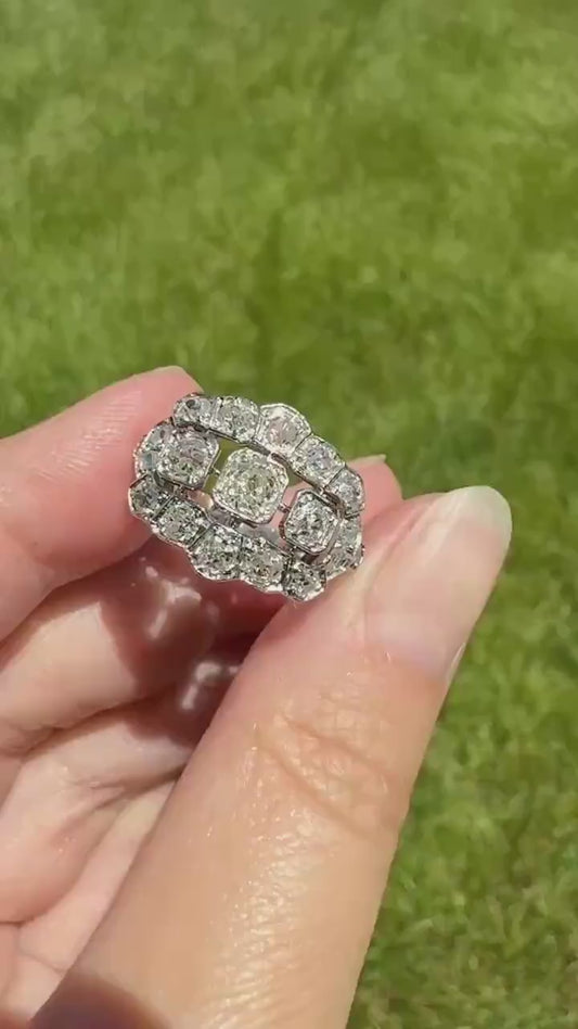 Ornate Art Deco 1.5 Carat Rose & Old Mine Cut Diamond Cluster Ring 18k White Gold Platinum East West Wide Three Stone Halo Cocktail Stacker
