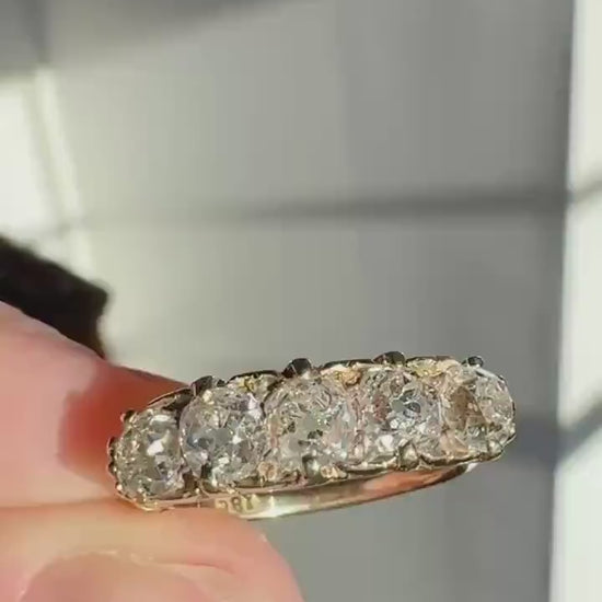 Victorian 2.25 Carats Antique Old Mine Cut Diamond Five Stone Ring 18k Gold Chunky Scrolled Ornate Band