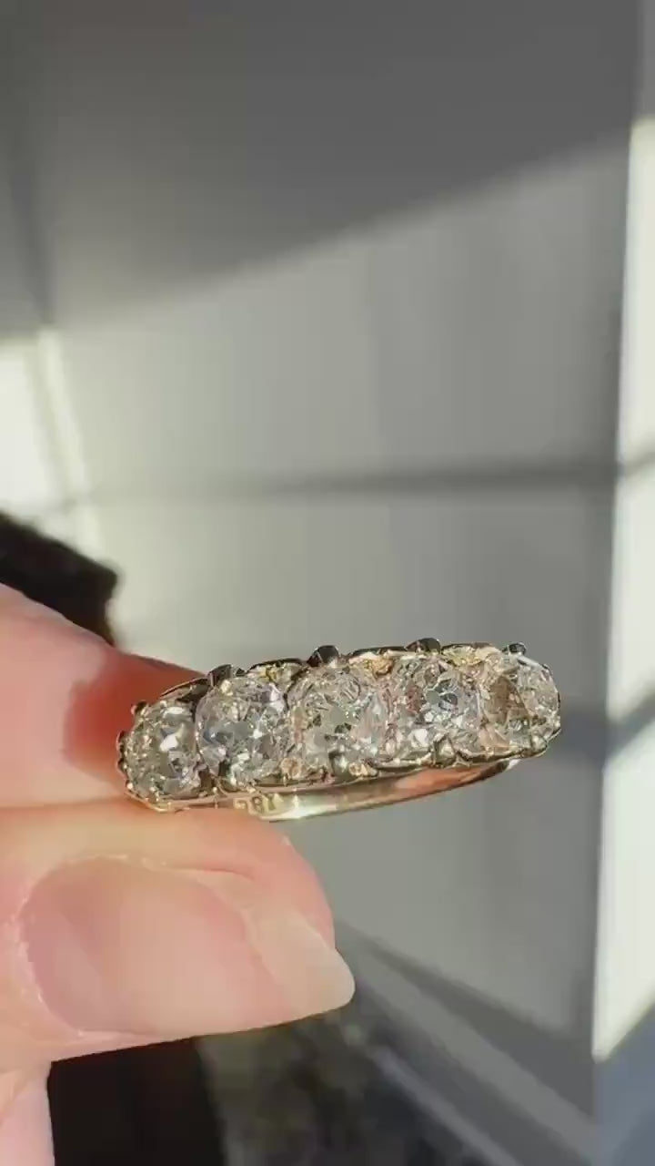 Victorian 2.25 Carats Antique Old Mine Cut Diamond Five Stone Ring 18k Gold Chunky Scrolled Ornate Band