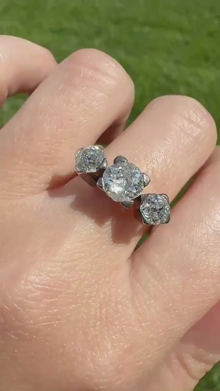 TALL Antique 2 CARATS Three Stone Chunky Old Mine Cut Diamond Ring 18k White Gold Stackable Band Geometric Square Prong Art Deco 2Ctw OMC