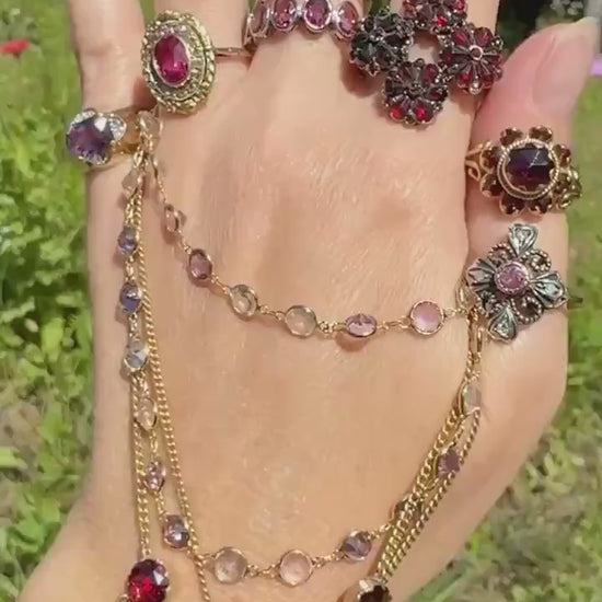 Almost ANTIQUE Pear Red Rose Cut GARNET 4 Floral Clusters RING Large Unique Statement Crimson Glow Gilt Silver Goldwash Cruciform Art Deco