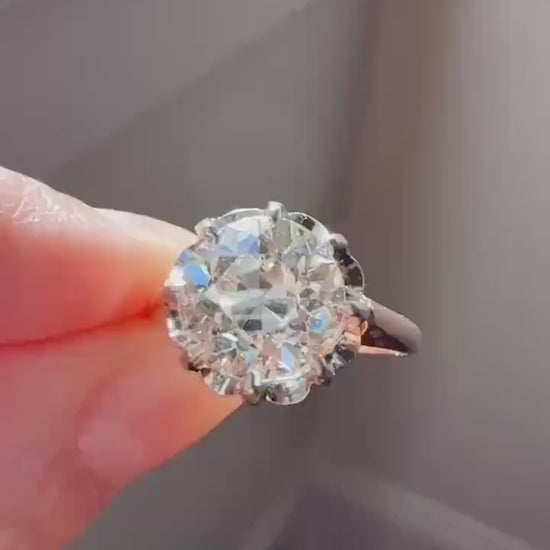Special French Original Antique 3.5 CARAT Old European Cut DIAMOND Eye Clean Solitaire Engagement Ring 18k Rosy Gold Platinum Fiery OEC