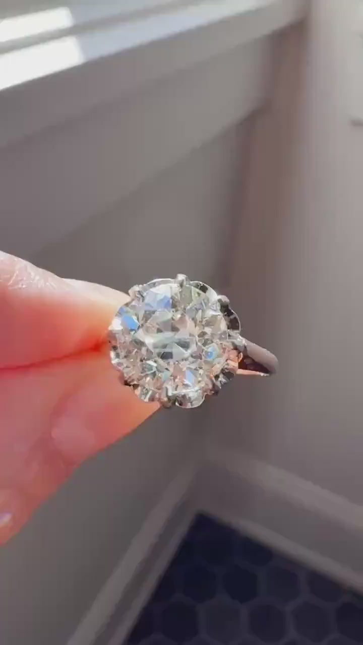 Special French Original Antique 3.5 CARAT Old European Cut DIAMOND Eye Clean Solitaire Engagement Ring 18k Rosy Gold Platinum Fiery OEC