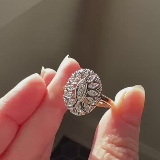 Scalloped Oval Antique Old Single Cut Diamond Open Work Shield Panel Ring 14k Two Tone Gold Cocktail Stacker Marquise Illusion Starburst