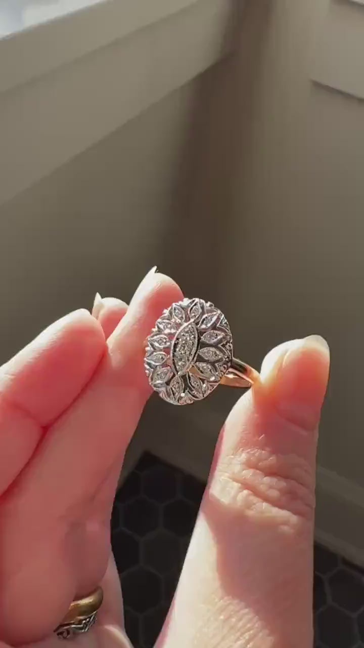 Scalloped Oval Antique Old Single Cut Diamond Open Work Shield Panel Ring 14k Two Tone Gold Cocktail Stacker Marquise Illusion Starburst