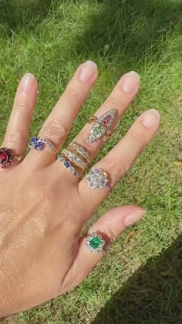 Double SNAKES Antique Ring Natural Ruby Emerald Rose Cut DIAMOND Halo Navette Ring 18k Gold Platinum Red Green Victorian