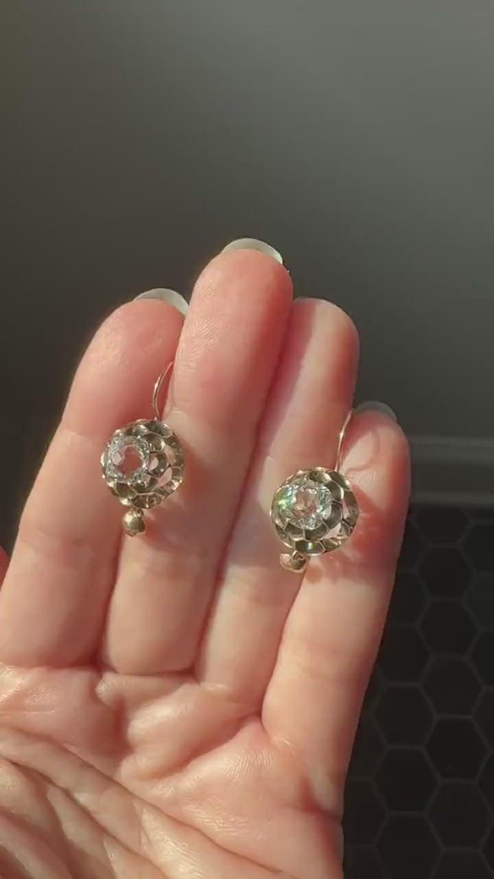 Victorian Large 2.8 Carats Total Antique Dangle Earrings Super Chunky Clear White Old " Mine " Cushion Cut Paste 10k Gold 2.8ctw