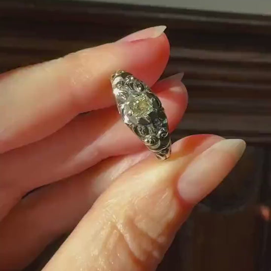 Antique Old Mine Cut DIAMOND Swirl Embossed Georgian ANTIQUE Ring Warm Pale Yellow Stone 14k Gold Silver Collet Band Stacker Solitaire Gift