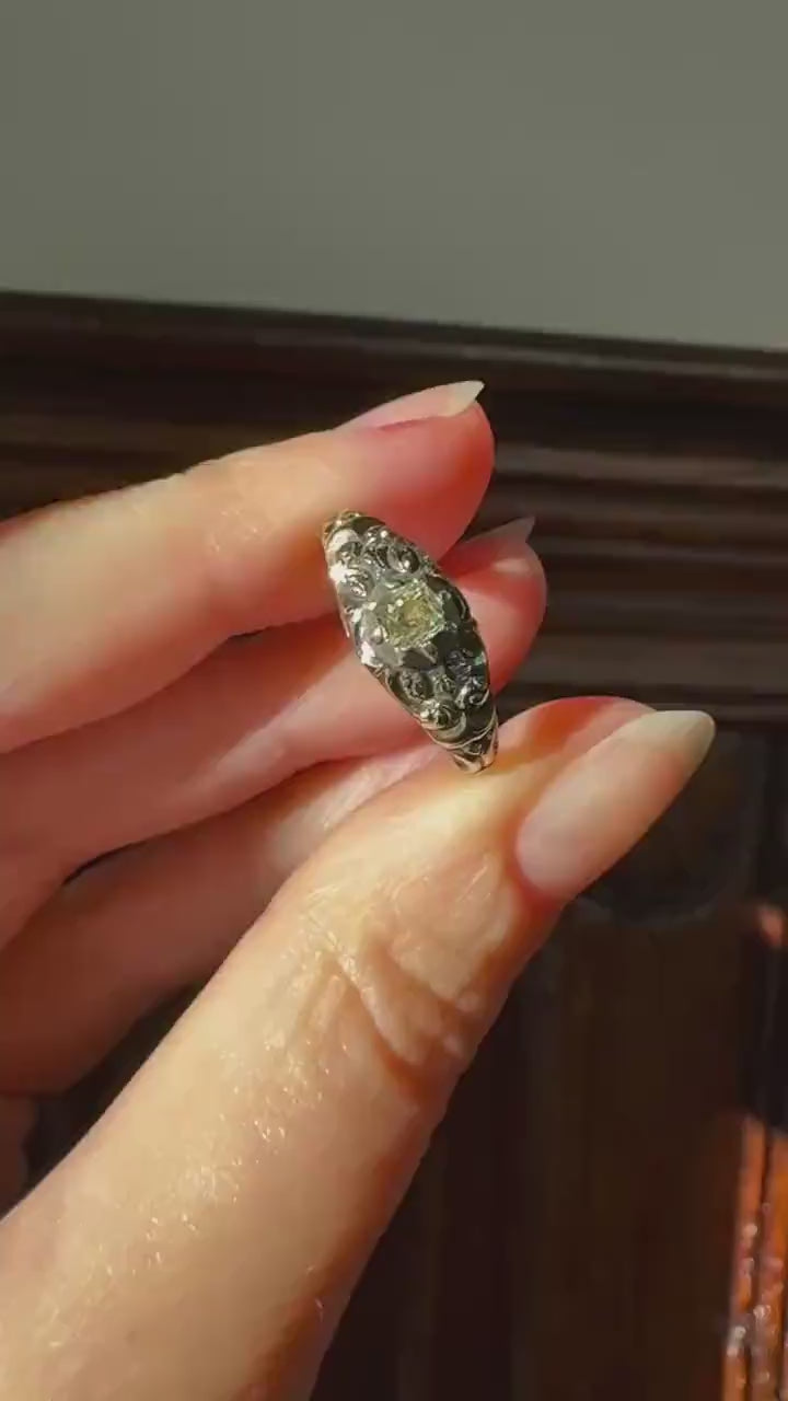 Antique Old Mine Cut DIAMOND Swirl Embossed Georgian ANTIQUE Ring Warm Pale Yellow Stone 14k Gold Silver Collet Band Stacker Solitaire Gift