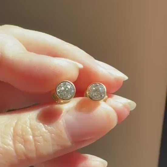 Eye Clean! Bezel Set Old Mine Cut 1 Carat Tdw DIAMOND Stud Earrings 18k GOLD Fiery Antique Stones Bridal Something Old Minimalist 1ctw OMC