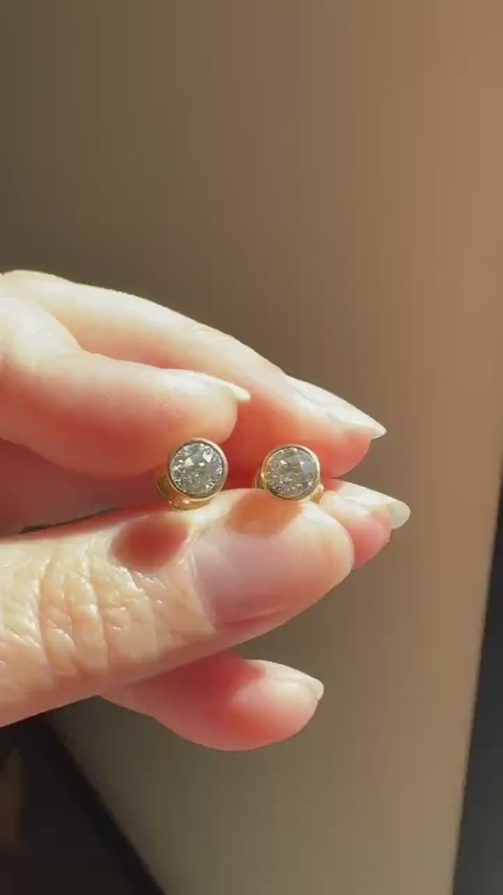 Eye Clean! Bezel Set Old Mine Cut 1 Carat Tdw DIAMOND Stud Earrings 18k GOLD Fiery Antique Stones Bridal Something Old Minimalist 1ctw OMC