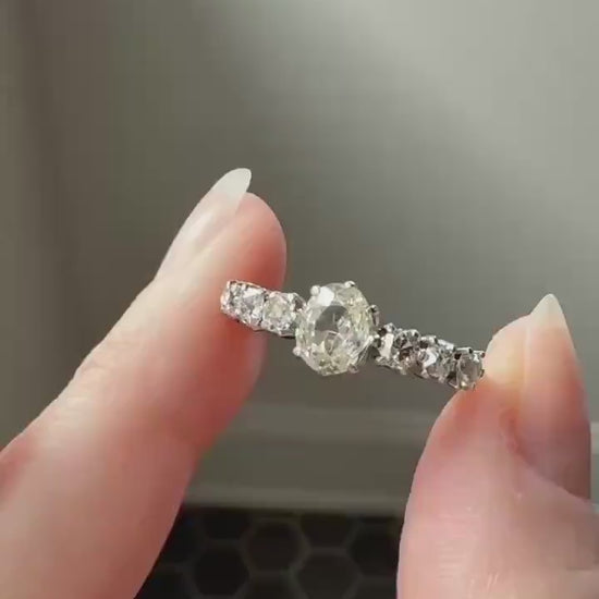 Antique Edwardian Art Deco 1.3 Carat Seven Stone Old Mine Cut Diamond Band Eye Clean Oval Center 18k Gold Platinum Prongs Tall Stacker