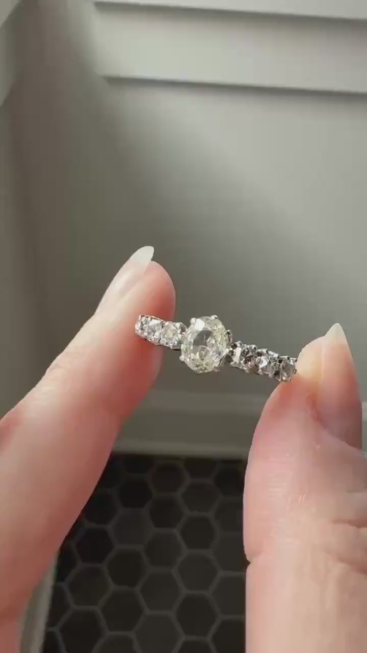 Antique Edwardian Art Deco 1.3 Carat Seven Stone Old Mine Cut Diamond Band Eye Clean Oval Center 18k Gold Platinum Prongs Tall Stacker