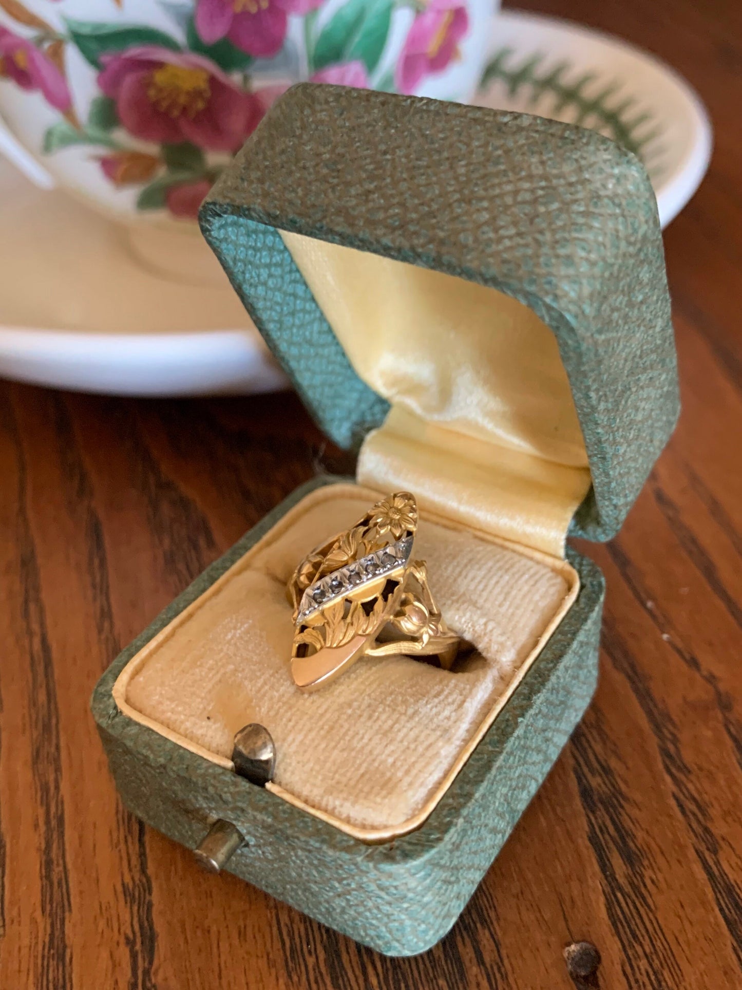 FRENCH Antique FLORAL Garden Navette Ring 18k Gold Art Nouveau Victorian Rose Cut DIAMONDs Heart Bezel Belle Epoque Romantic Gift Stacker