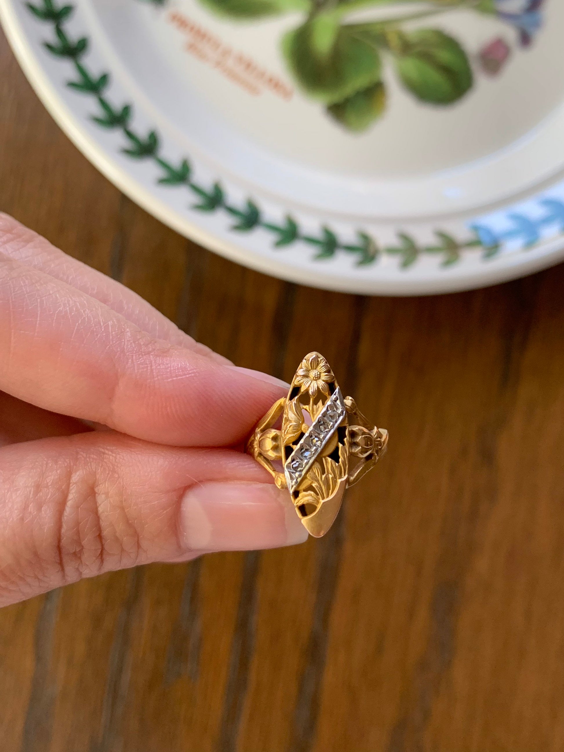 FRENCH Antique FLORAL Garden Navette Ring 18k Gold Art Nouveau Victorian Rose Cut DIAMONDs Heart Bezel Belle Epoque Romantic Gift Stacker