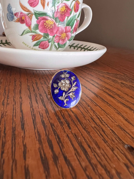 XL French Antique Enamel FORGET Me NoT Rose Cut Diamond Floral 18k Gold Ring MOURNiNG? Georgian Early Victorian Closed Back Ornate Wide Band