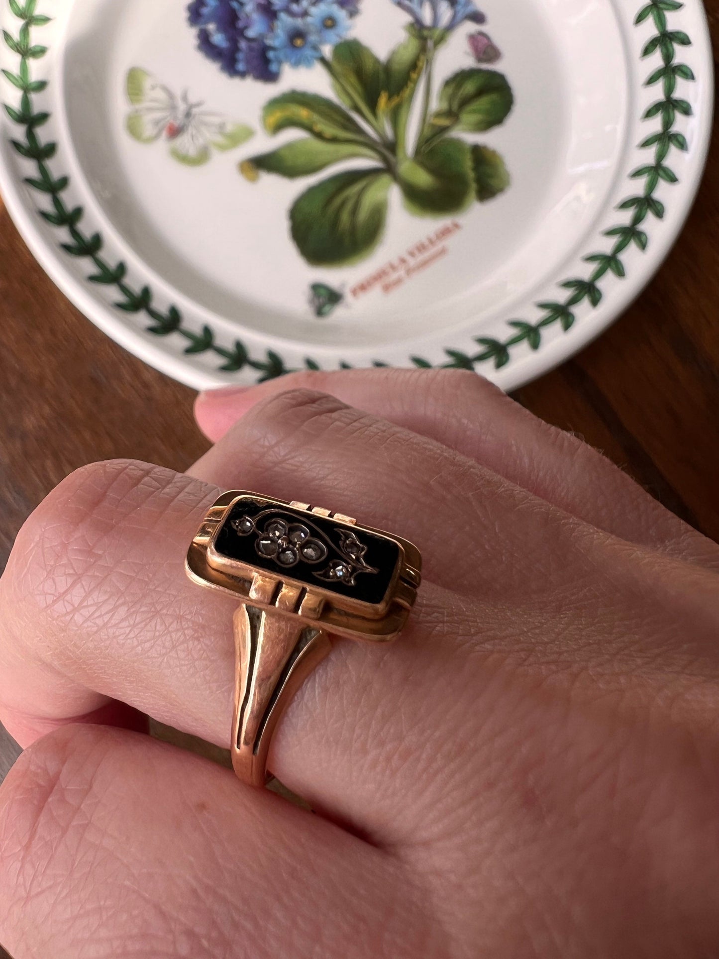 PANSY French Antique Black Enamel Rose Cut DIAMOND Floral 18k Gold Ring MOURNiNG Early Victorian Closed Back Belle Epoque Romantic Gift