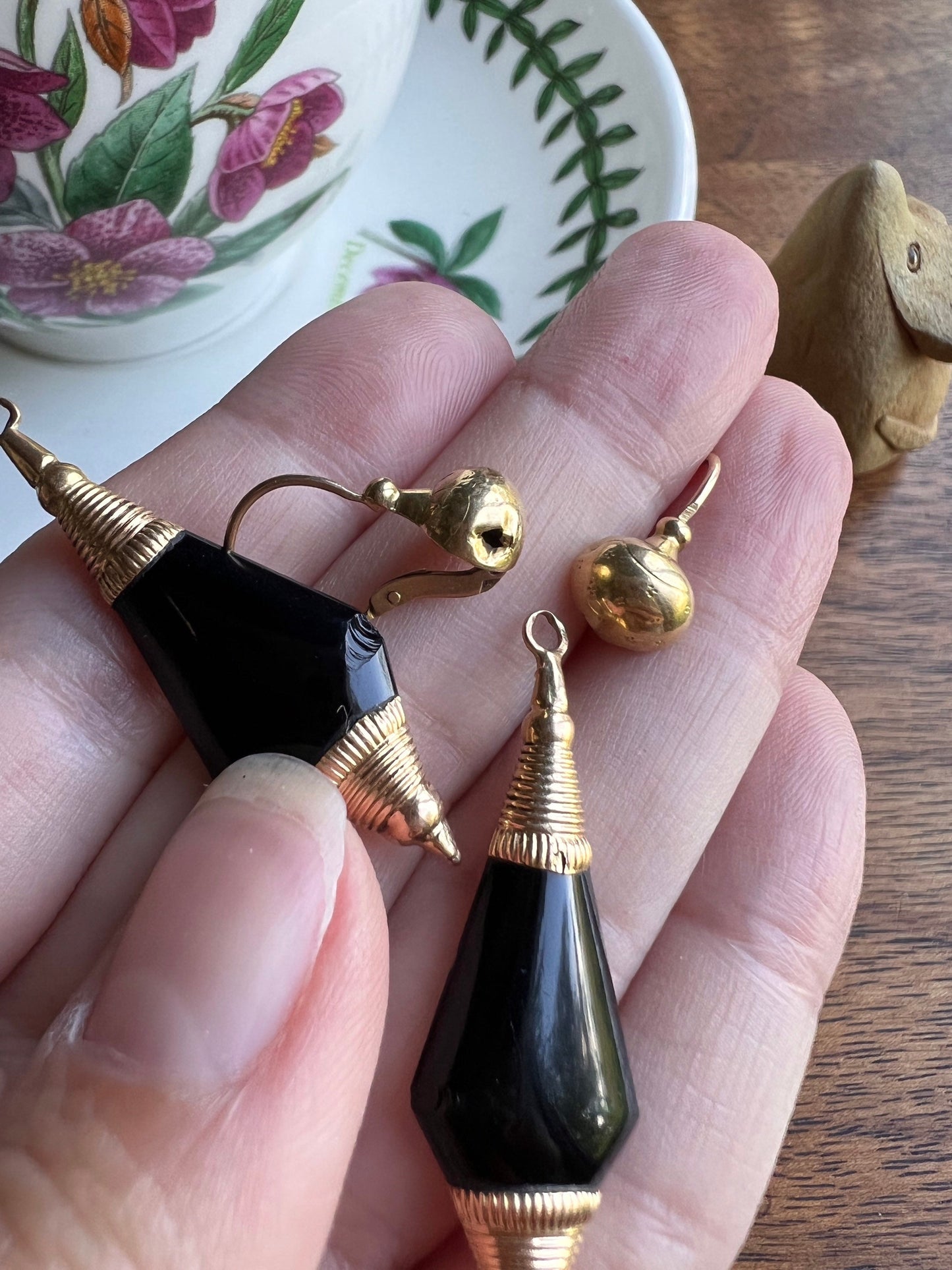 French VICTORIAN Antique 18k Gold Day to Night Dangle EARRINGS Etruscan Black Onyx Jet ? Dormeuse Gift Mourning Geometric Diamond Teardrop