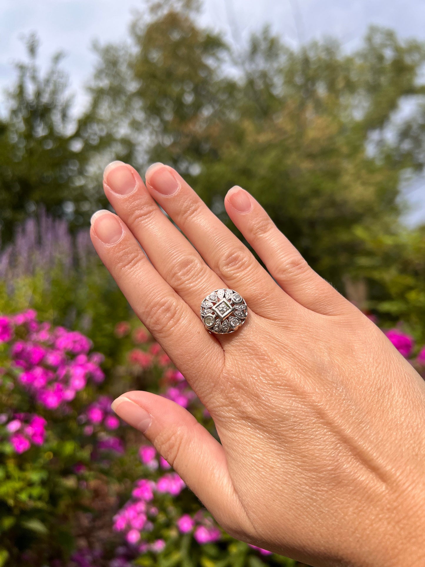 Large Antique Art Deco Old Cut .5ctw DiAMOND Ring 14k White GOLD Leaf Heart Cluster Stacker Romantic Gift Love Geometric Domed Platform