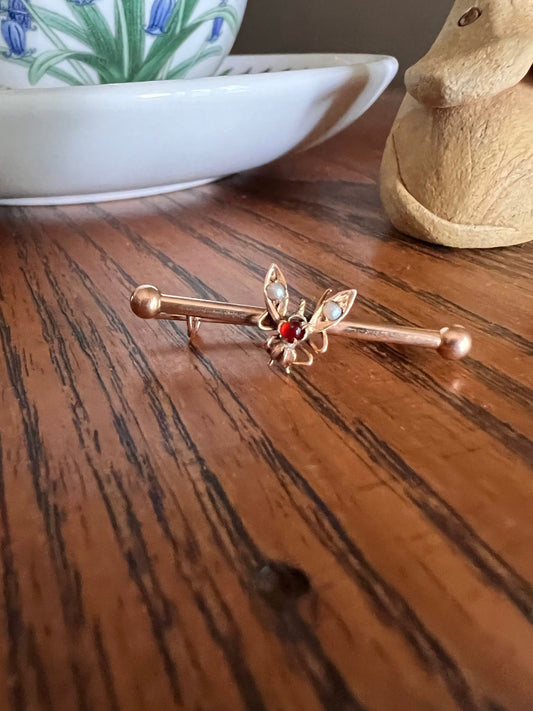 BUG Fly Insect VICTORIAN French Antique 18k GOLD Figural Brooch Paste Ruby Pearl Unique Gift Belle Epoque Art Nouveau Red Bar Pin 3D Barbell