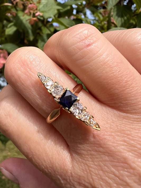 French ANTIQUE 18k Gold .8ctw 6 Old Mine Cut DIAMONDS .3ct Square Cut Natural Sapphire RING Skinny Navette Dramatic Tall Blue Romantic Gift