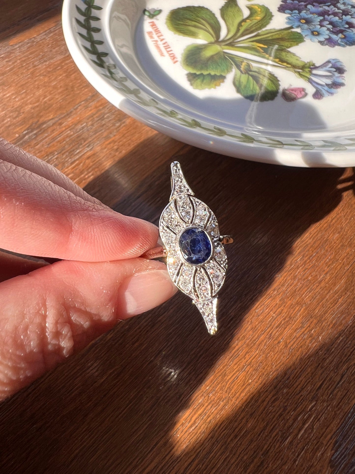 LARGE Antique SAPPHIRE 20 Old Mine Rose Cut DIAMONDS 18k White Gold Statement Ring SWiRL Unique Gift Belle Epoque Dramatic Cocktail 1.25Inch