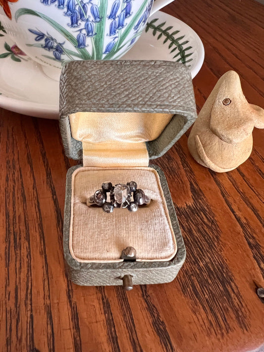 RARE French Georgian 1700s Seven Stone Ring TABLE Cut Rose DIAMONDS Pink Foil Collet Setting 18k Gold Foiled Closed Back Traditional Wedding