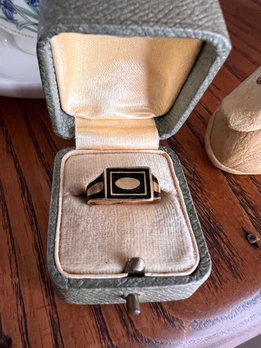 GEORGIAN Era FRENCH Antique Black ENAMEL Regional Traditional Ring 18k Gold Folk Wide Band Signet Mourning? Rectangle Oval Geometric Gift