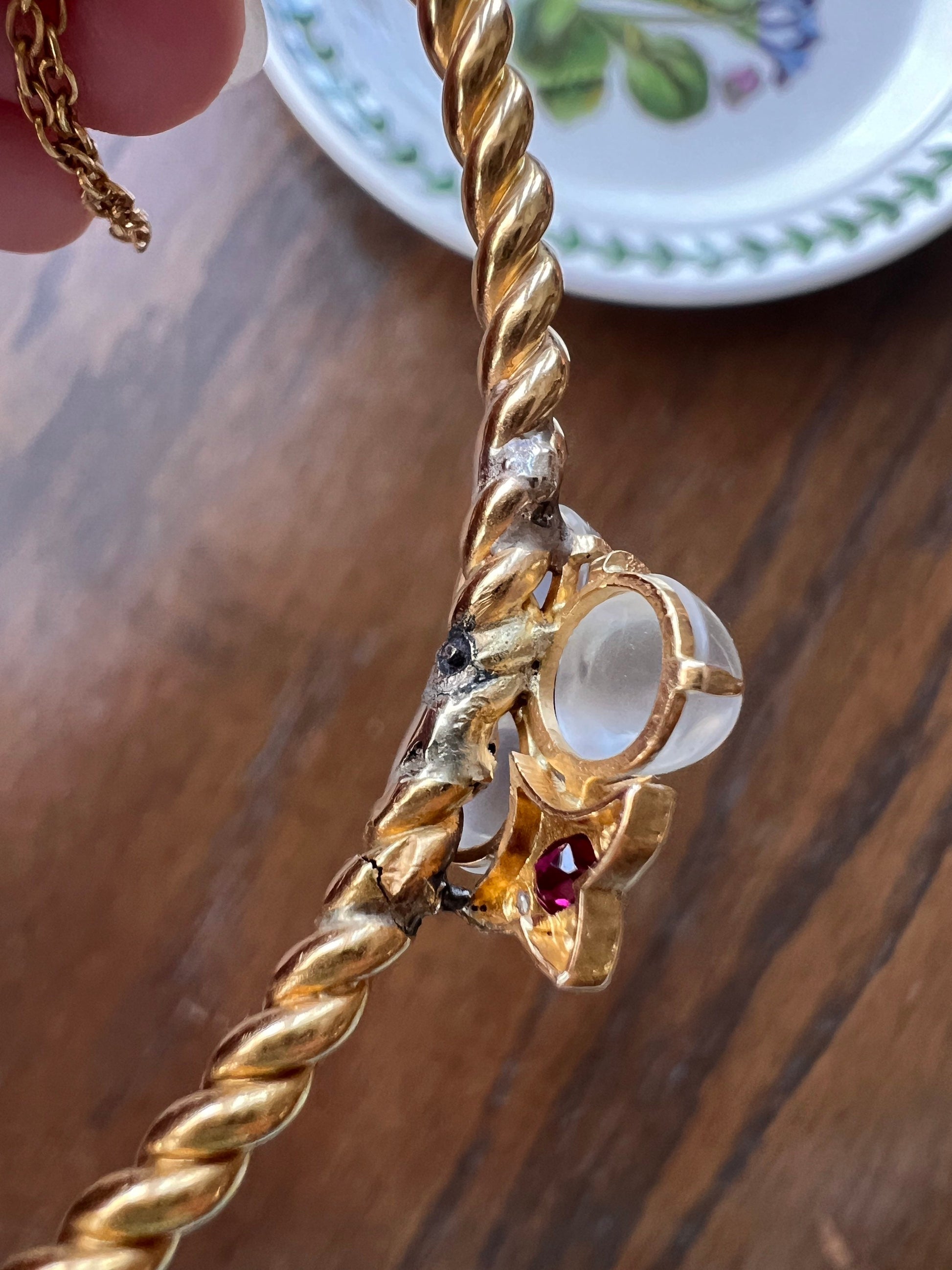 MOONSTOON Antique FRENCH Ruby CLOVER Rose Cut Diamond Hinged Bangle Twist Bracelet 18k Gold Victorian Belle Epoque Club Art Nouveau Figural